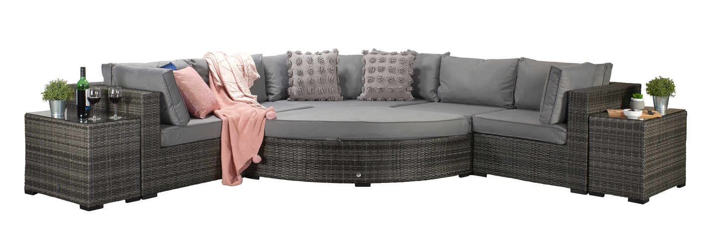 Signature Weave - Outdoor Furniture - Jessica Corner With Poof & End Tables In Mixed Grey